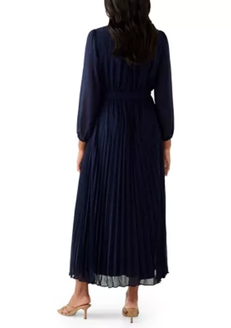 Women's 3/4 Sleeve Solid Belted Midi Chiffon Fit and Flare Dress