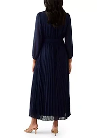 Women's 3/4 Sleeve Solid Belted Midi Chiffon Fit and Flare Dress