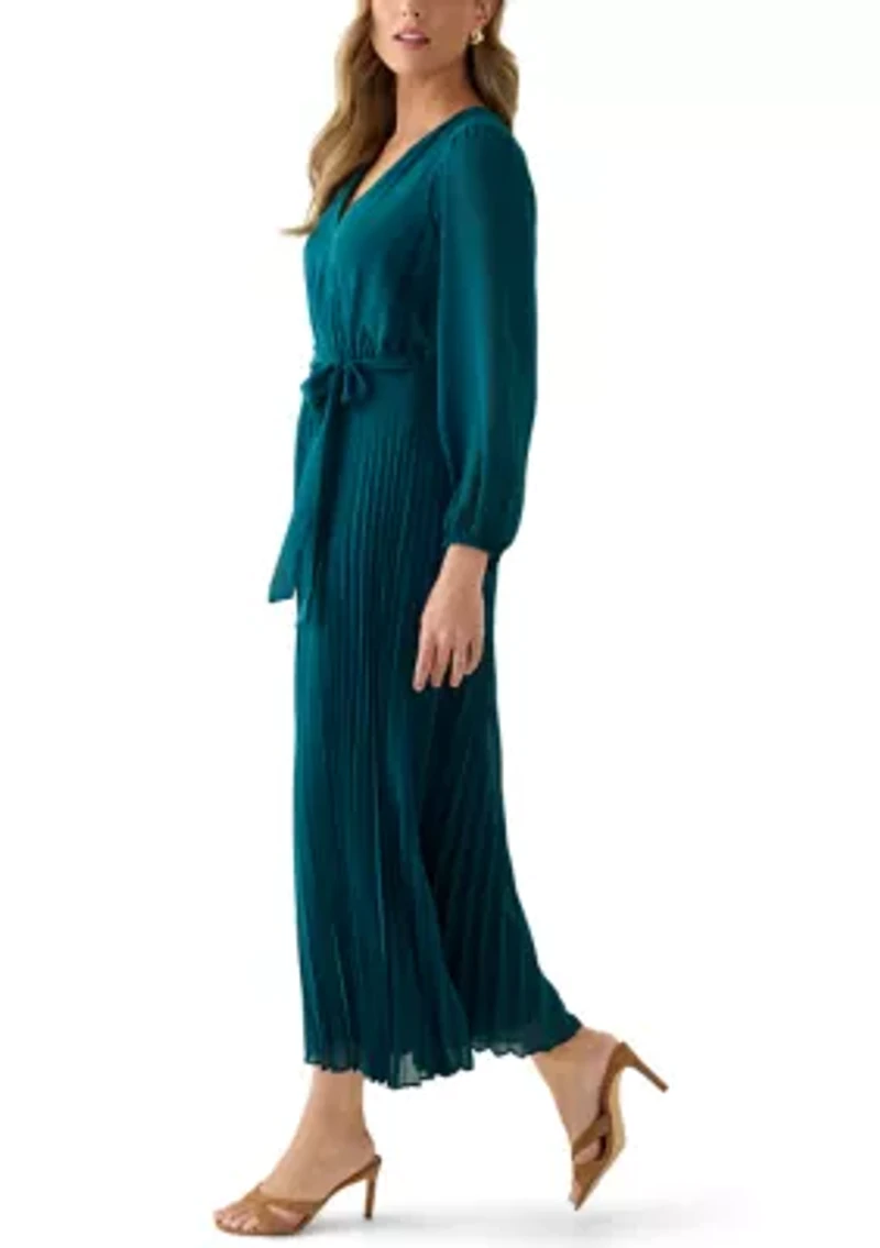 Women's 3/4 Sleeve Solid Belted Midi Chiffon Fit and Flare Dress