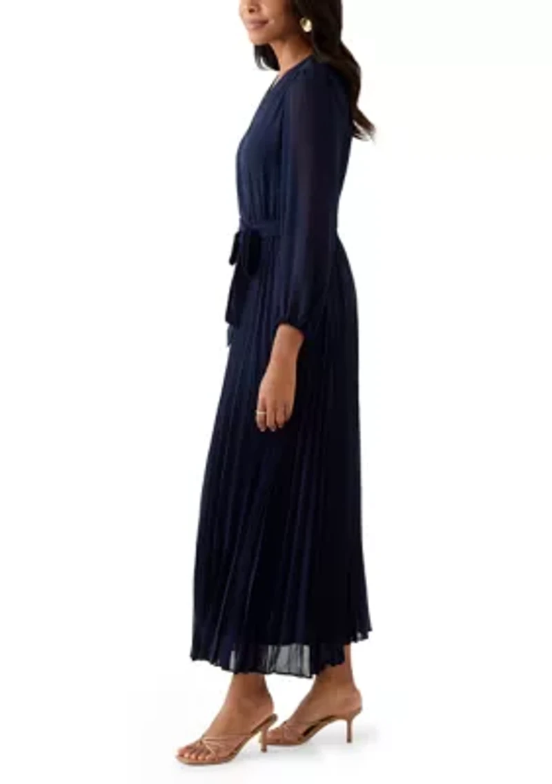 Women's 3/4 Sleeve Solid Belted Midi Chiffon Fit and Flare Dress