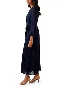 Women's 3/4 Sleeve Solid Belted Midi Chiffon Fit and Flare Dress