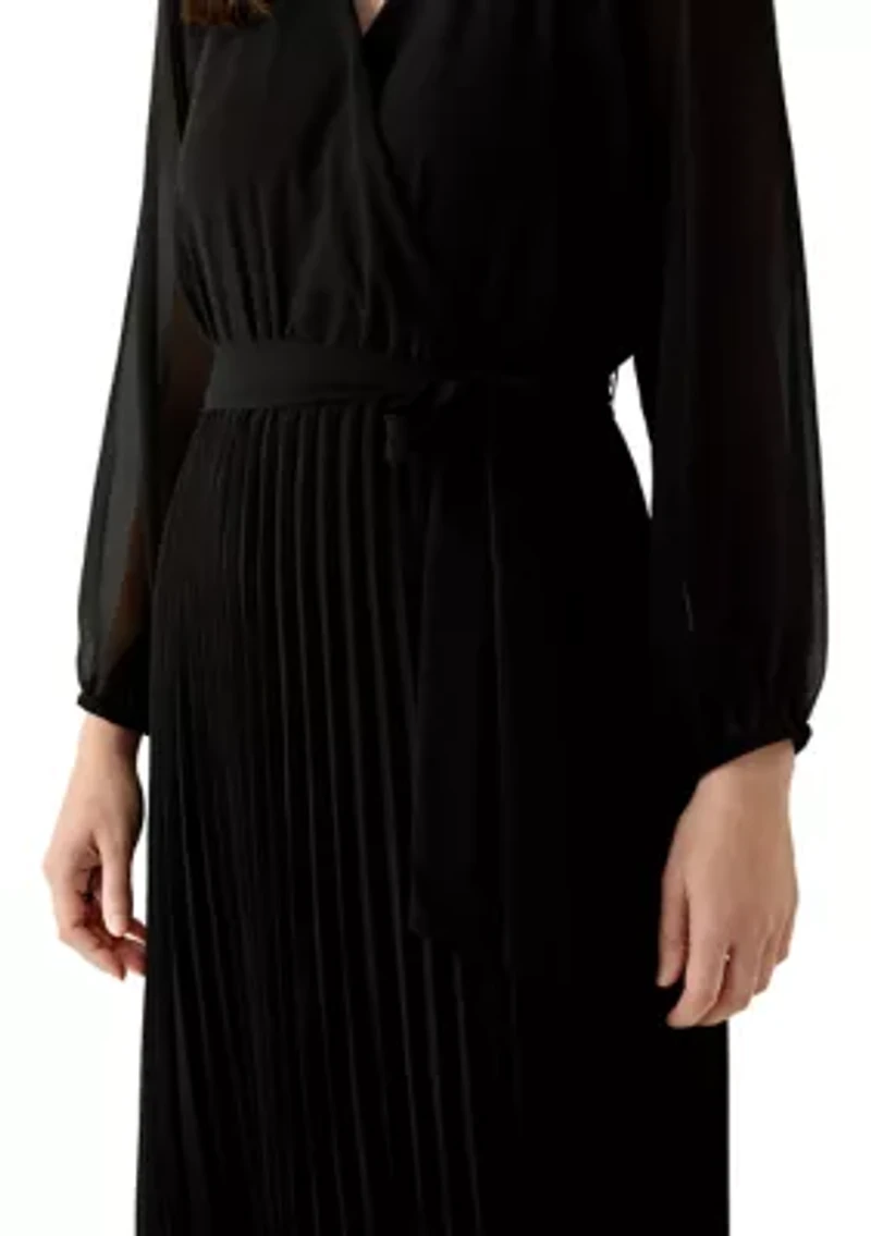 Women's 3/4 Sleeve Solid Belted Midi Chiffon Fit and Flare Dress