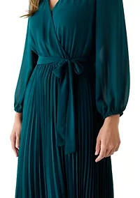 Women's 3/4 Sleeve Solid Belted Midi Chiffon Fit and Flare Dress