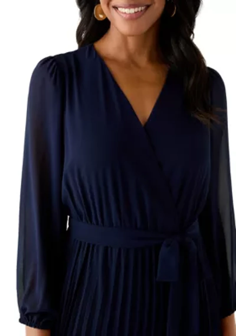 Women's 3/4 Sleeve Solid Belted Midi Chiffon Fit and Flare Dress