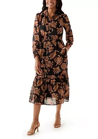 Women's Collar Neck Leaf Print Chiffon Midi Dress