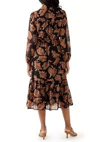Women's Collar Neck Leaf Print Chiffon Midi Dress