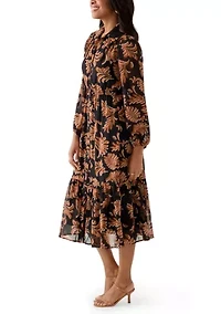 Women's Collar Neck Leaf Print Chiffon Midi Dress