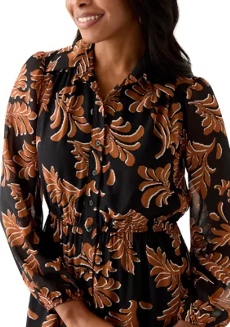 Women's Collar Neck Leaf Print Chiffon Midi Dress