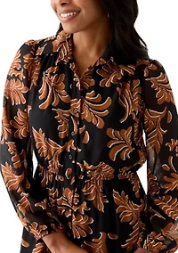 Women's Collar Neck Leaf Print Chiffon Midi Dress