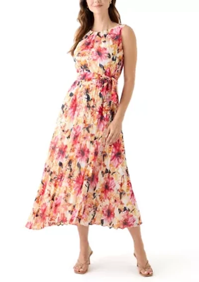 Women's Sleeveless Crew Neck Floral Print Chiffon Dress
