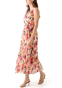 Women's Sleeveless Crew Neck Floral Print Chiffon Dress
