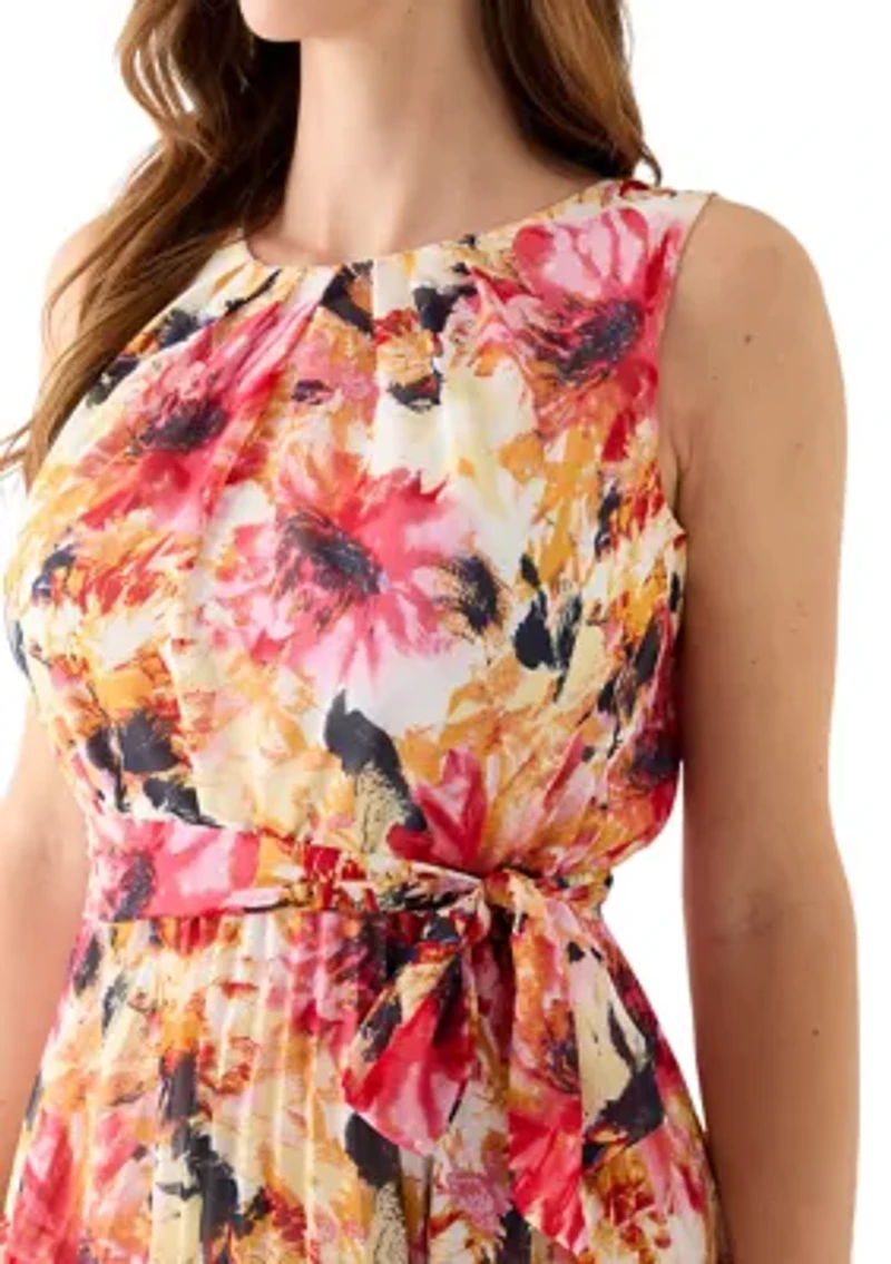 Women's Sleeveless Crew Neck Floral Print Chiffon Dress