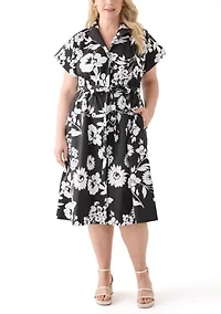 Plus Cap Sleeve V-Neck Floral Print Dress