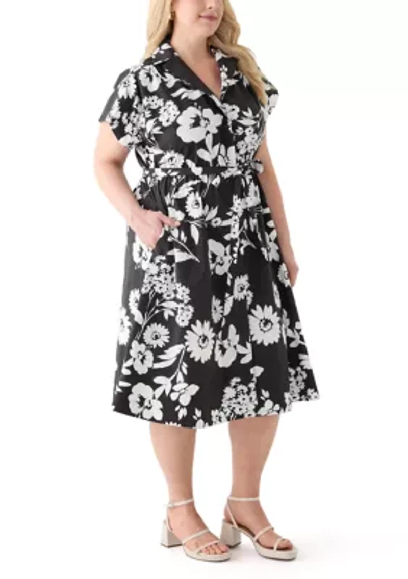 Plus Cap Sleeve V-Neck Floral Print Dress