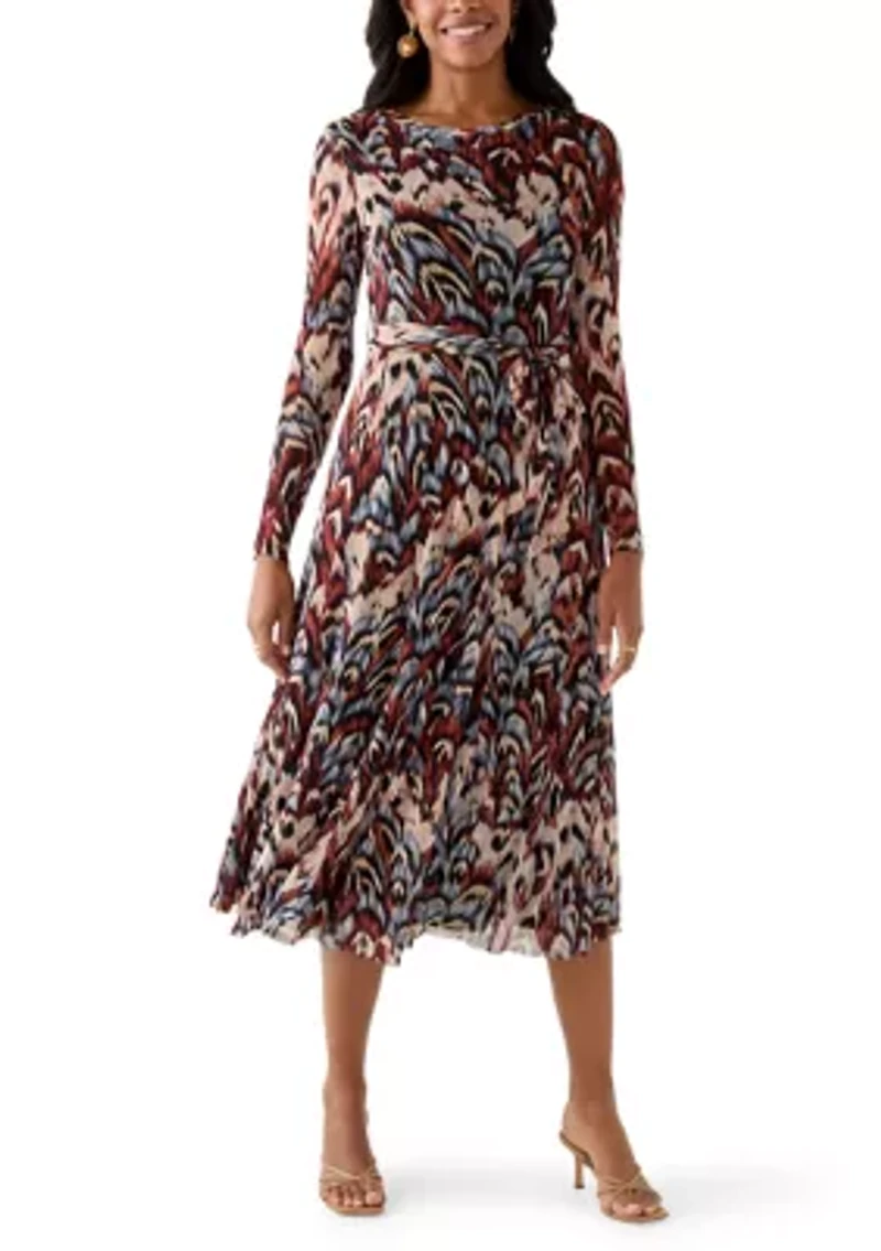 Women's Long Sleeve Crew Neck Printed Mesh Midi Dress