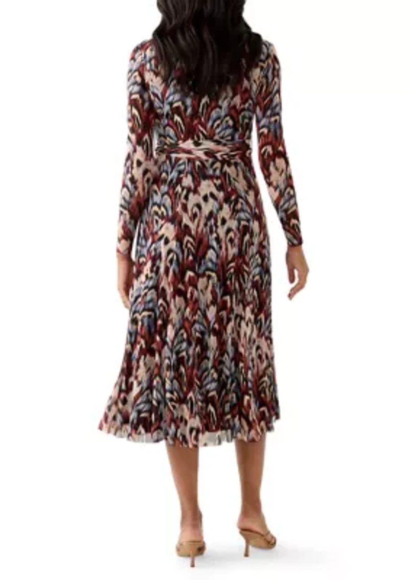 Women's Long Sleeve Crew Neck Printed Mesh Midi Dress