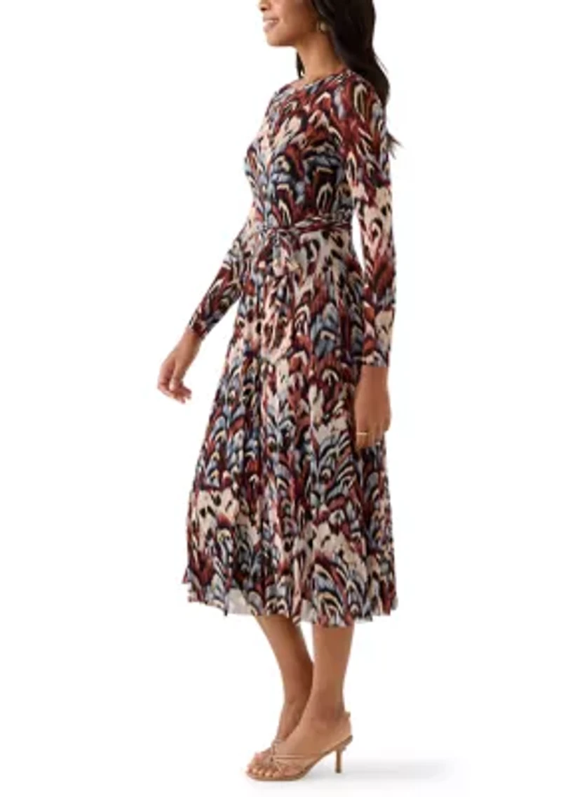 Women's Long Sleeve Crew Neck Printed Mesh Midi Dress
