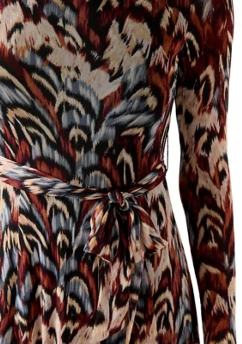 Women's Long Sleeve Crew Neck Printed Mesh Midi Dress