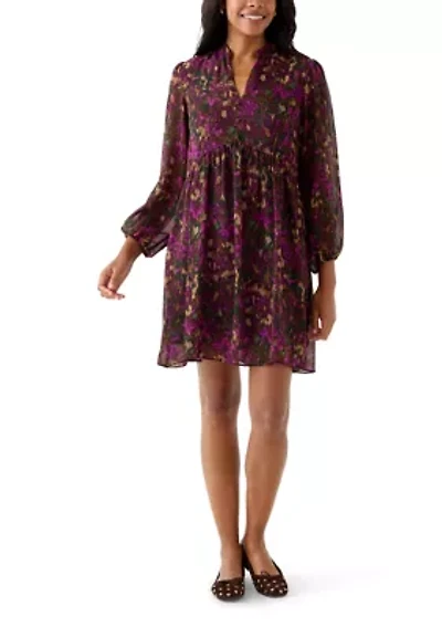 Women's Long Sleeve Mock Neck Floral Chiffon Fit and Flare Mini Dress