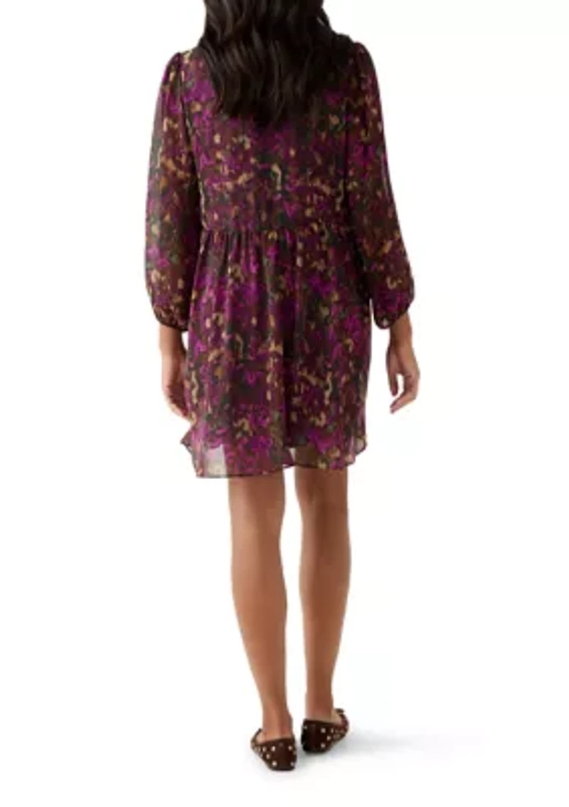 Women's Long Sleeve Mock Neck Floral Chiffon Fit and Flare Mini Dress