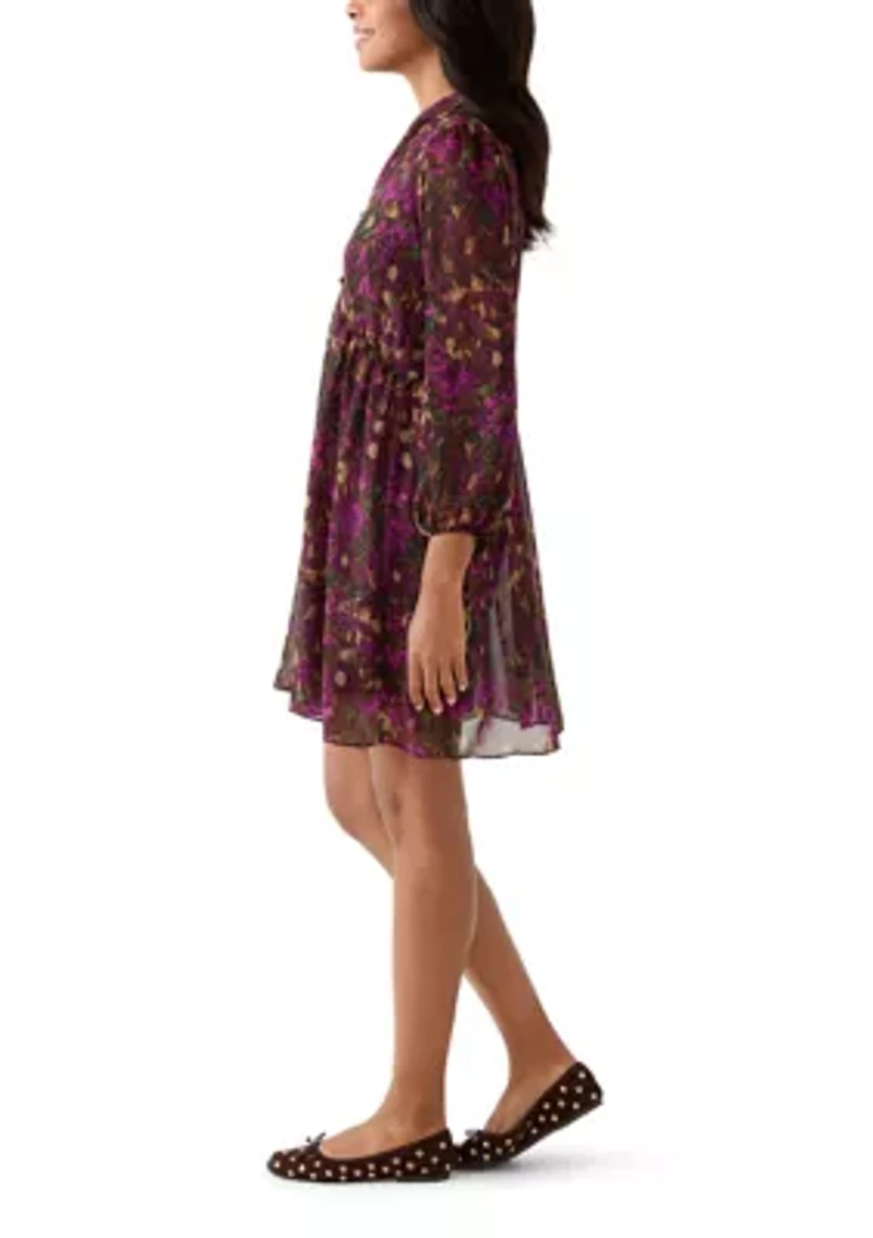 Women's Long Sleeve Mock Neck Floral Chiffon Fit and Flare Mini Dress