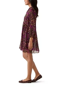 Women's Long Sleeve Mock Neck Floral Chiffon Fit and Flare Mini Dress