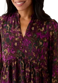 Women's Long Sleeve Mock Neck Floral Chiffon Fit and Flare Mini Dress