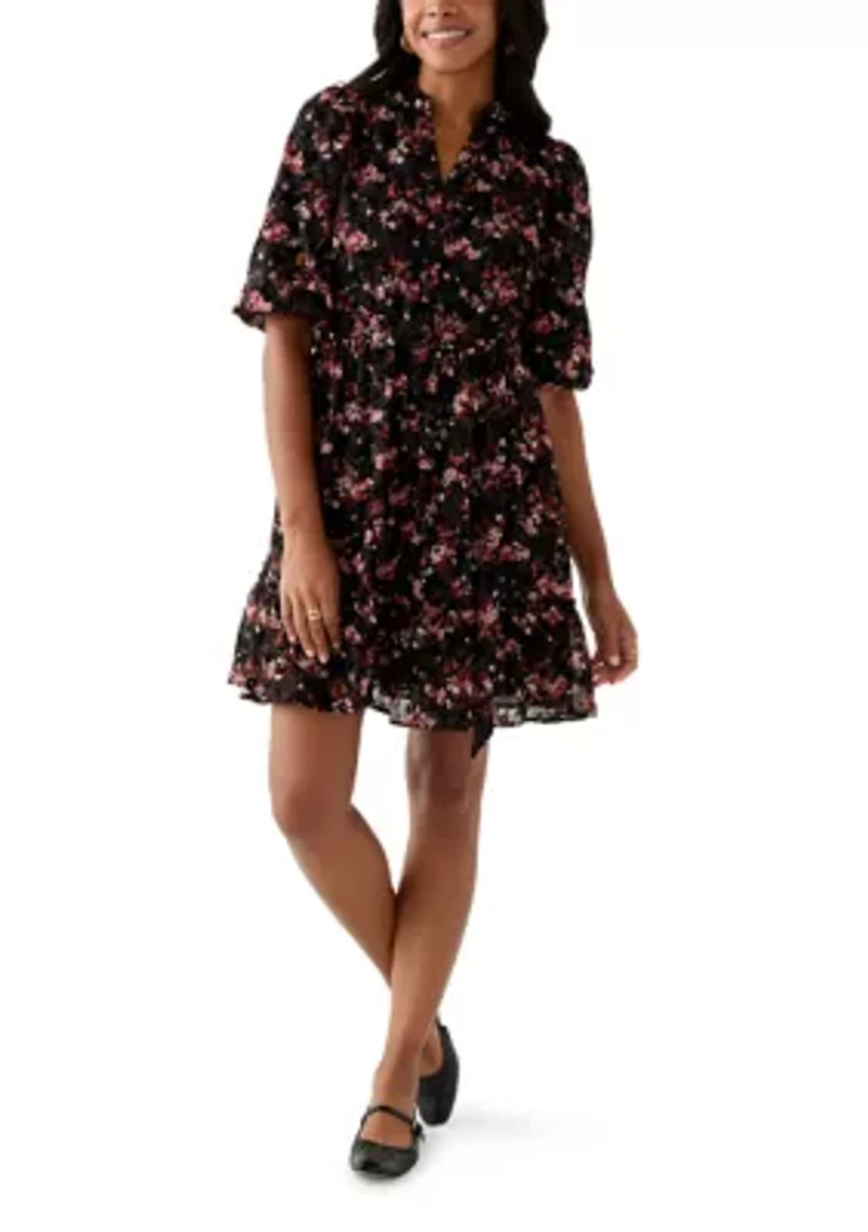 Women's Short Sleeve V-Neck Floral Print Chiffon Fit and Flare Dress