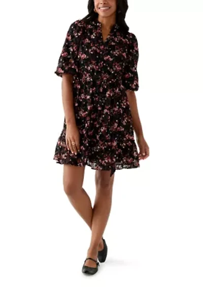 Women's Short Sleeve V-Neck Floral Print Chiffon Fit and Flare Dress