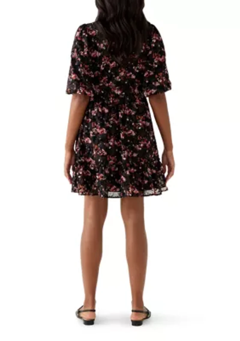 Women's Short Sleeve V-Neck Floral Print Chiffon Fit and Flare Dress