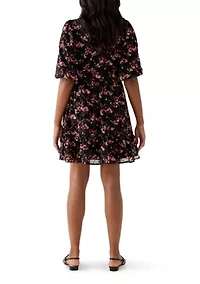 Women's Short Sleeve V-Neck Floral Print Chiffon Fit and Flare Dress