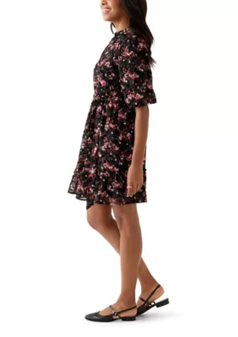 Women's Short Sleeve V-Neck Floral Print Chiffon Fit and Flare Dress