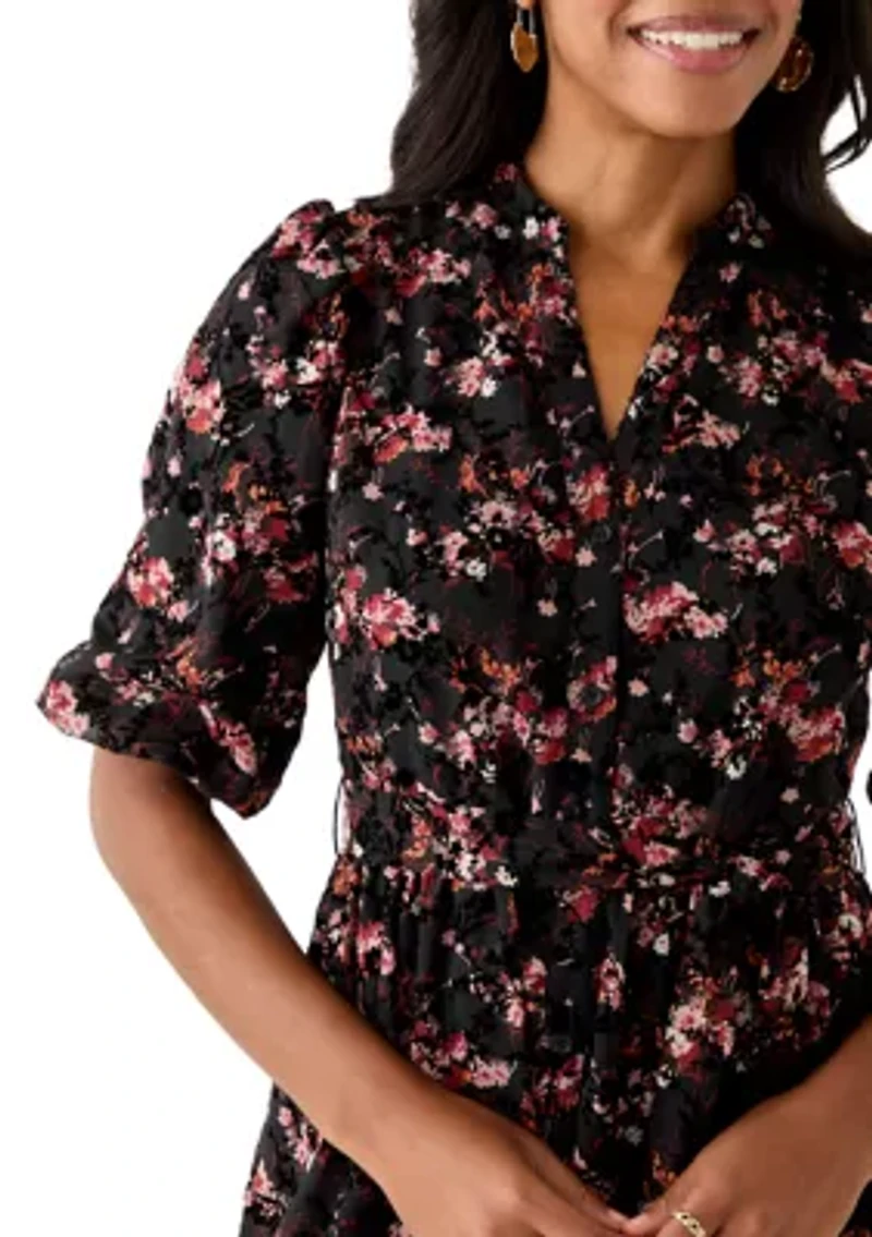 Women's Short Sleeve V-Neck Floral Print Chiffon Fit and Flare Dress