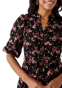 Women's Short Sleeve V-Neck Floral Print Chiffon Fit and Flare Dress