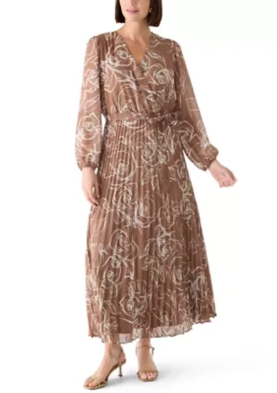 Women's Long Sleeve V-Neck Floral Print Chiffon Midi Dress