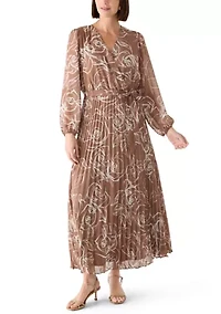 Women's Long Sleeve V-Neck Floral Print Chiffon Midi Dress