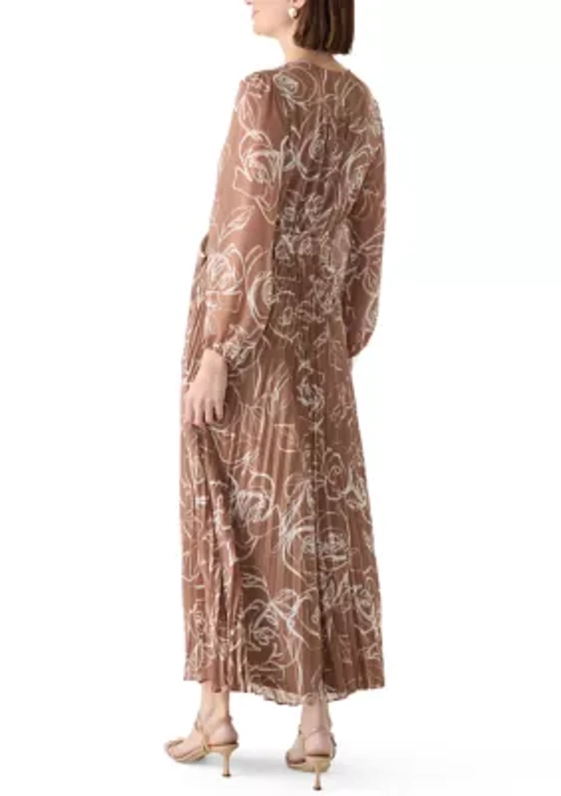 Women's Long Sleeve V-Neck Floral Print Chiffon Midi Dress