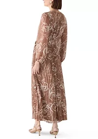 Women's Long Sleeve V-Neck Floral Print Chiffon Midi Dress