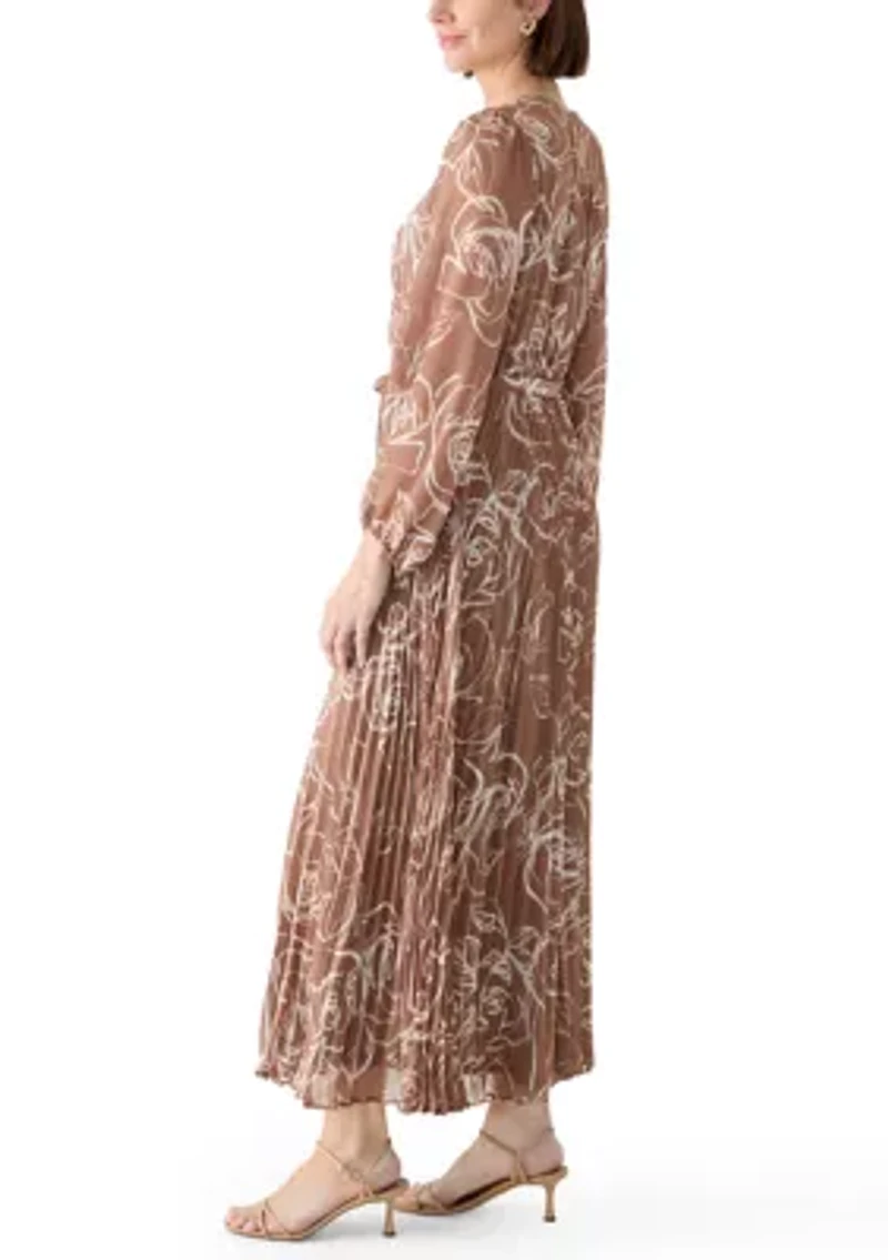 Women's Long Sleeve V-Neck Floral Print Chiffon Midi Dress