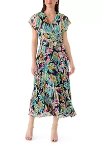Women's V-Neck Floral Cinched Waist Midi Dress