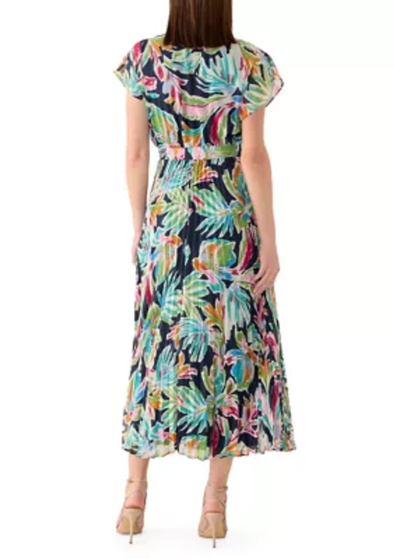 Women's V-Neck Floral Cinched Waist Midi Dress