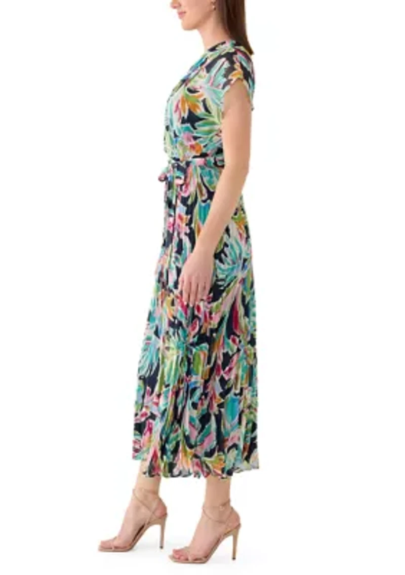 Women's V-Neck Floral Cinched Waist Midi Dress