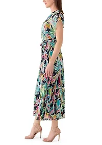 Women's V-Neck Floral Cinched Waist Midi Dress