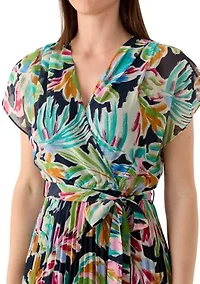 Women's V-Neck Floral Cinched Waist Midi Dress