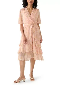 Women's Short Sleeve Ruffle Chiffon A-Line Dress