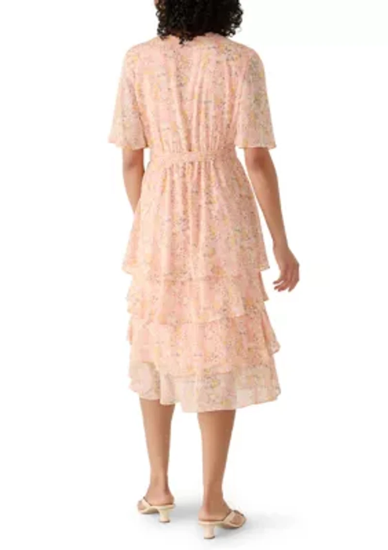 Women's Short Sleeve Ruffle Chiffon A-Line Dress