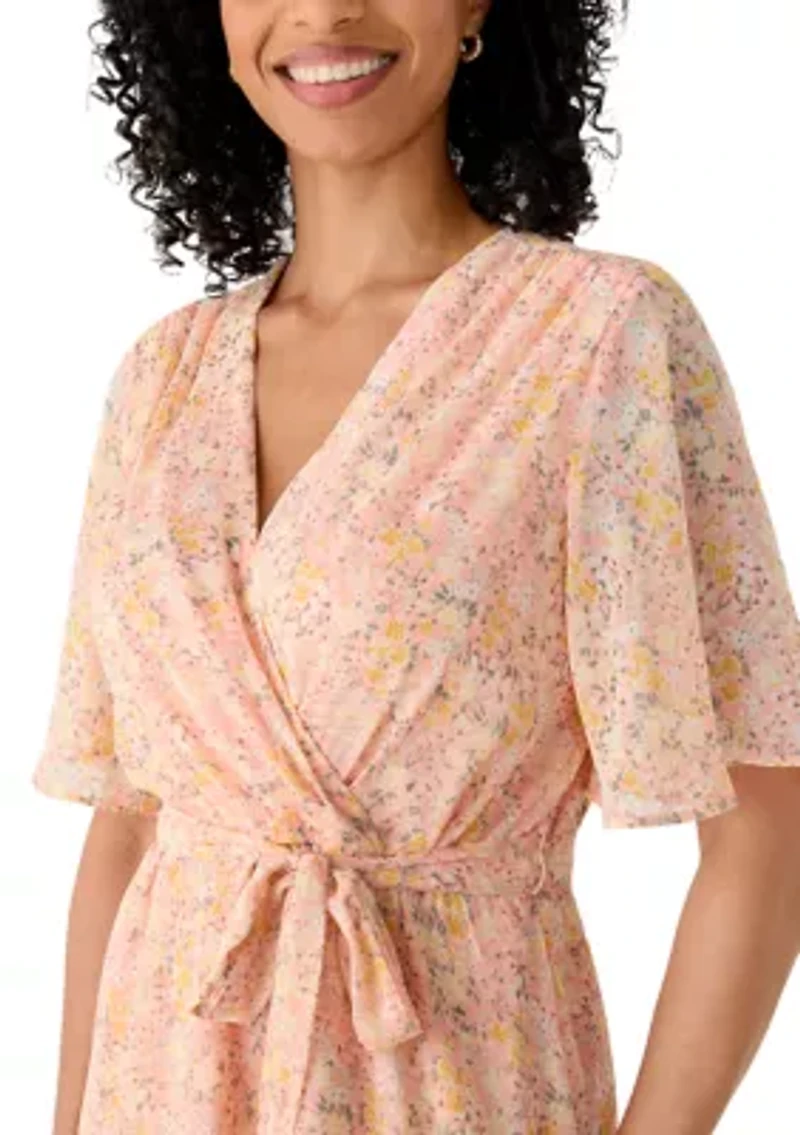 Women's Short Sleeve Ruffle Chiffon A-Line Dress