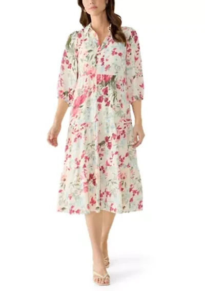Women's Short Sleeve Floral Midi Shirt Dress