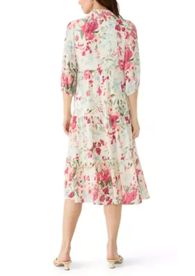 Women's Short Sleeve Floral Midi Shirt Dress