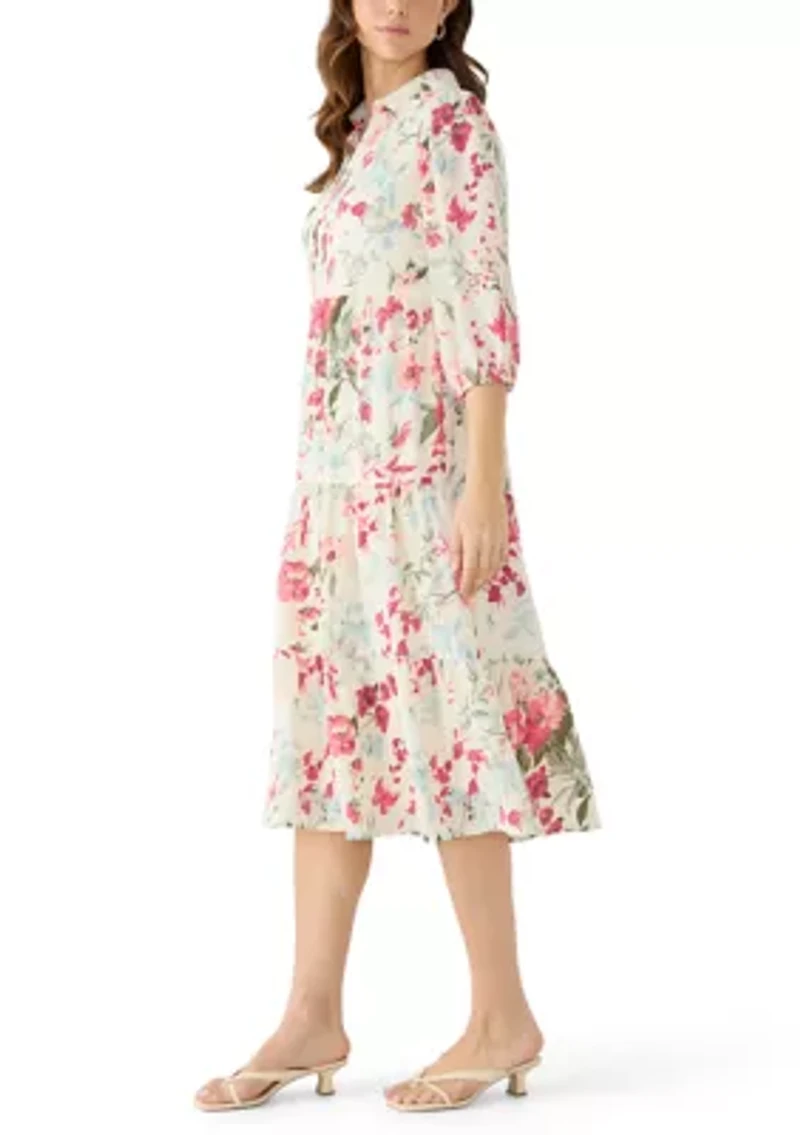 Women's Short Sleeve Floral Midi Shirt Dress